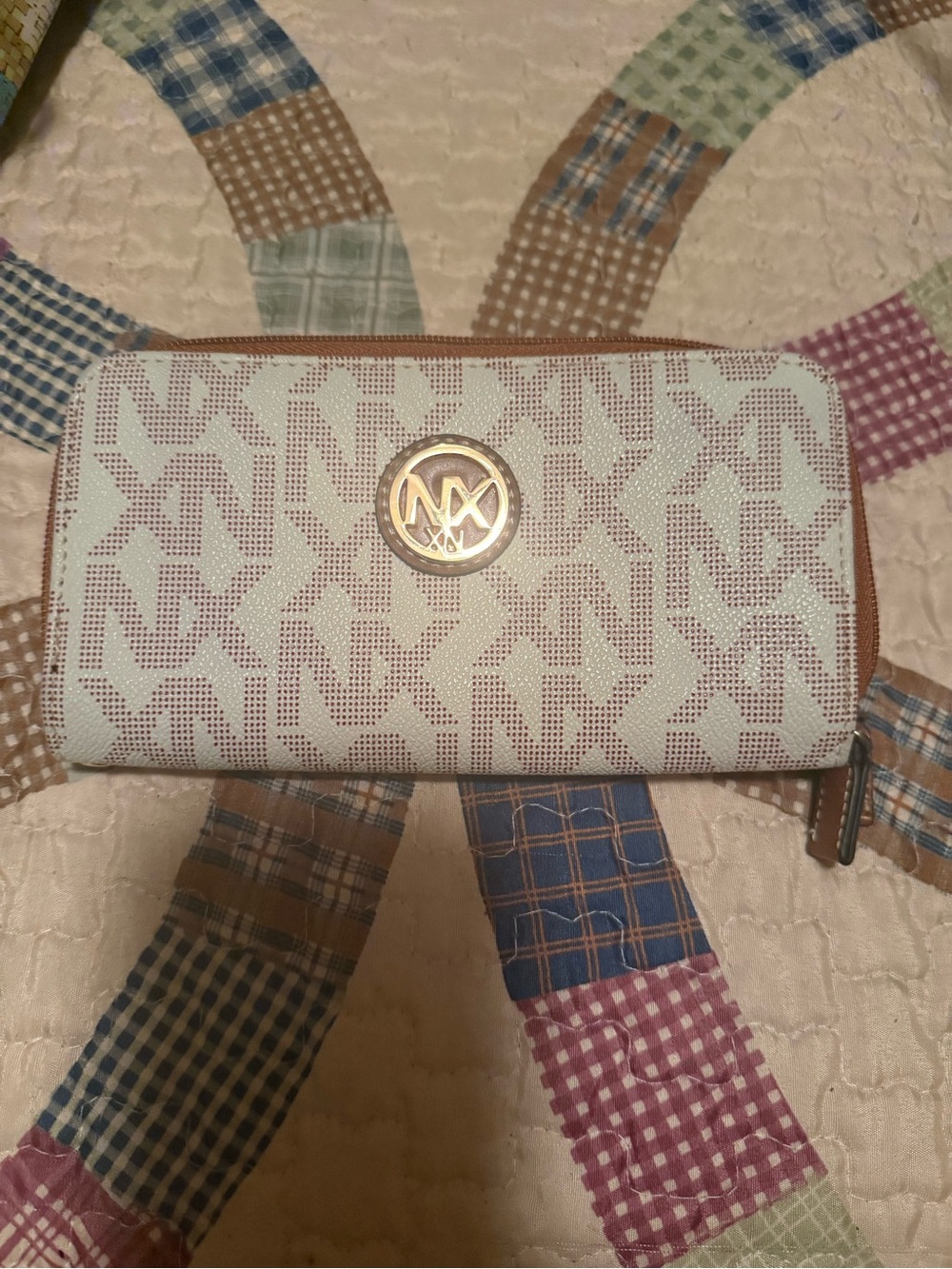 Source Unknown Cream and Brown MK Logo Zip-Around Wallet
